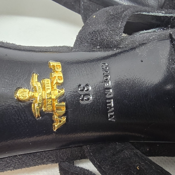Prada Shoes - Prada Black Suede Sandals with Gold Logo Accent